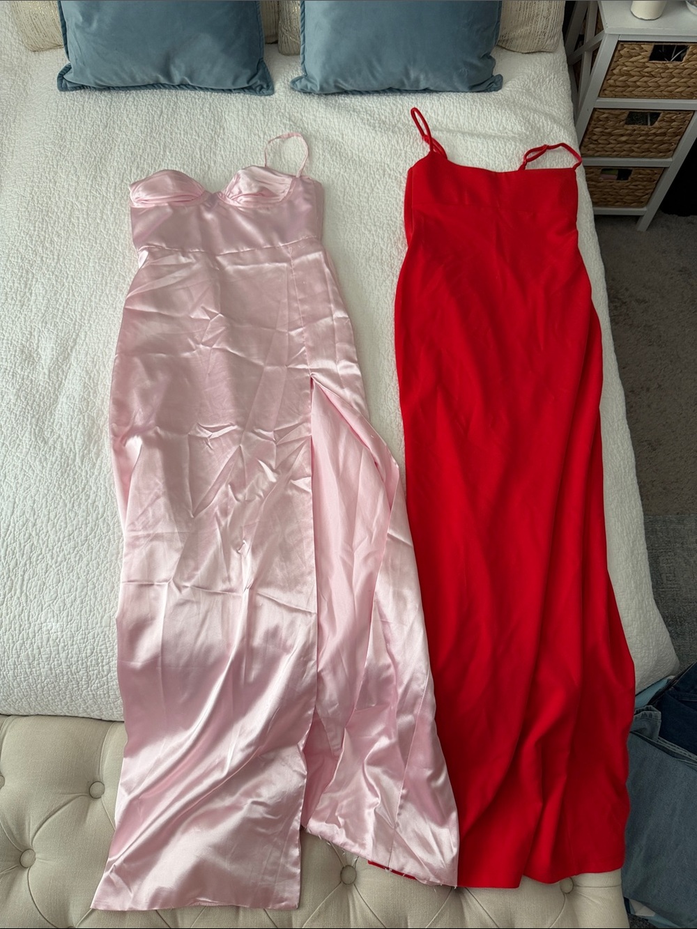2 FORMAL WEDDING DRESSES Pink Satin Spaghetti Strap Dress and red formal dress